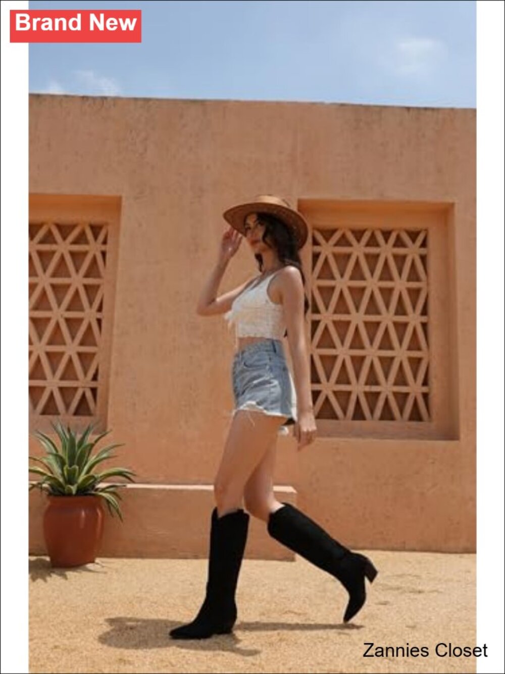 🤠 Embroidered Pointed Toe Faux Suede Cowboy Boots Knee High Western Block Heel - Picture 5 of 6